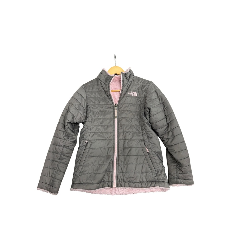 The North Face Girls Reversible Mossbud Swirl Jacket Grey Pink Size L 14/16